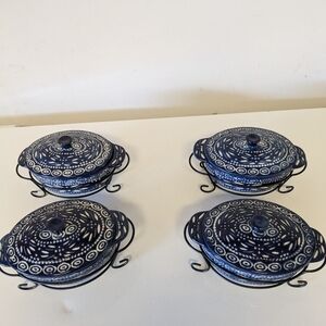Temptations Presentable Ovenware Carved Old World Blue 9 Oz Baking Dish Set Of 4
